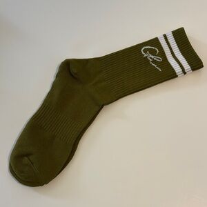 Dark Olive Green Athletic Crew Socks with Striped Accents